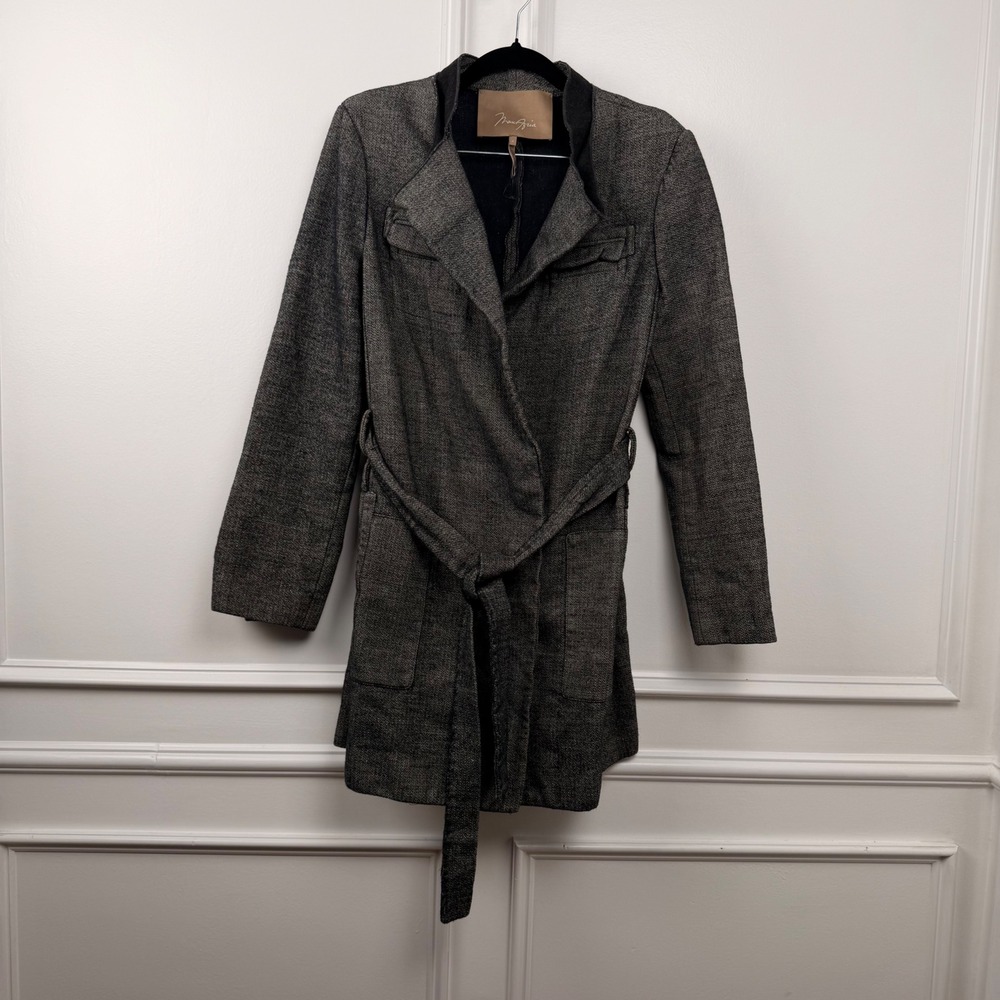 Max Azria Grey Cotton Wool Tweed Belted Wrap Coat‎ Jacket Womens Size L